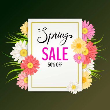 Bahar satışı büyük başlığı. El yazı çekilmiş. Papatya, papatya, yaprak ve renkli çiçeklerle arka plan. Vektör tasarımı tebrik kartı, el ilanları, web afiş, davetiye, afiş, broşür