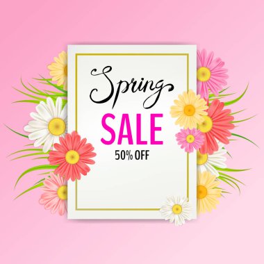 Bahar satışı büyük başlığı. El yazı çekilmiş. Papatya, papatya, yaprak ve renkli çiçeklerle arka plan. Vektör tasarımı tebrik kartı, el ilanları, web afiş, davetiye, afiş, broşür
