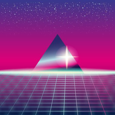 Synthwave Retro futuristik, yatay piramit ve tarz lazer kılavuz. Neon Retrowave tasarım ve unsurları bilim-kurgu 80s 90s alanı. Vektör çizim şablonu izole arka plan