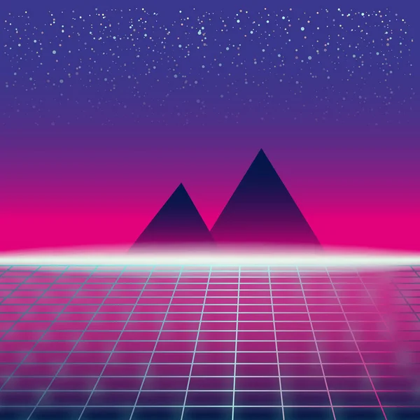 Synthwave Retro futuristisk landskap med pyramiderna och stylade Laser rutnät. Neon Retrowave Design och element Sci-fi 80s 90s utrymme. Vektor Illustration mall isolerade bakgrund — Stock vektor