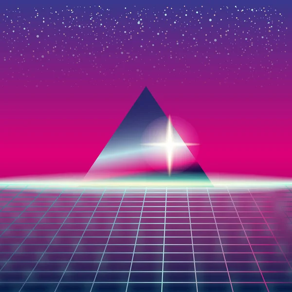 Synthwave Retro futuristik, yatay piramit ve tarz lazer kılavuz. Neon Retrowave tasarım ve unsurları bilim-kurgu 80s 90s alanı. Vektör çizim şablonu izole arka plan