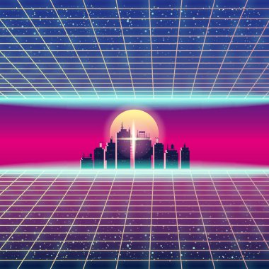 Synthwave Retro futuristik yatay, şehir, Güneş, yıldızlar ve tarz lazer kılavuz. Neon Retrowave tasarım ve unsurları bilim-kurgu 80s 90s alanı. Vektör çizim şablonu izole arka plan