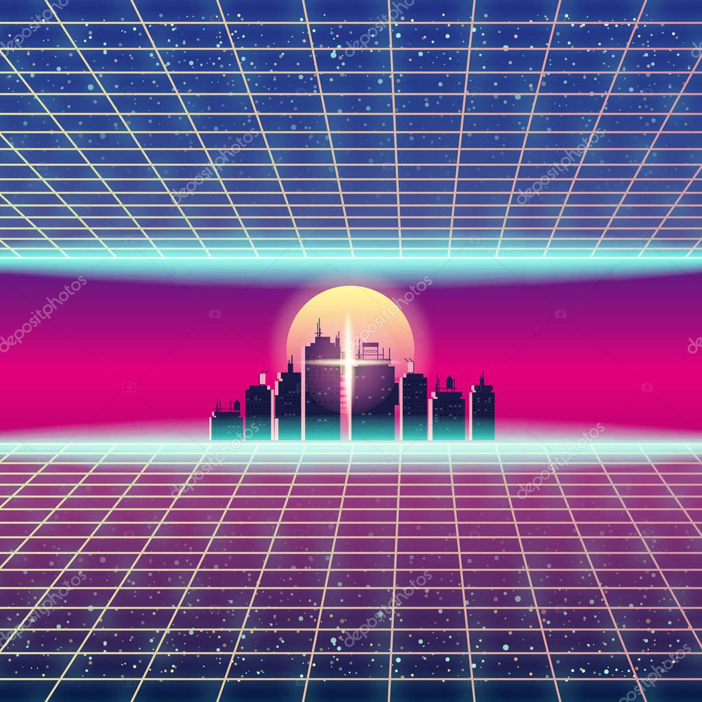 Synthwave Retro Futuristic Landscape With City