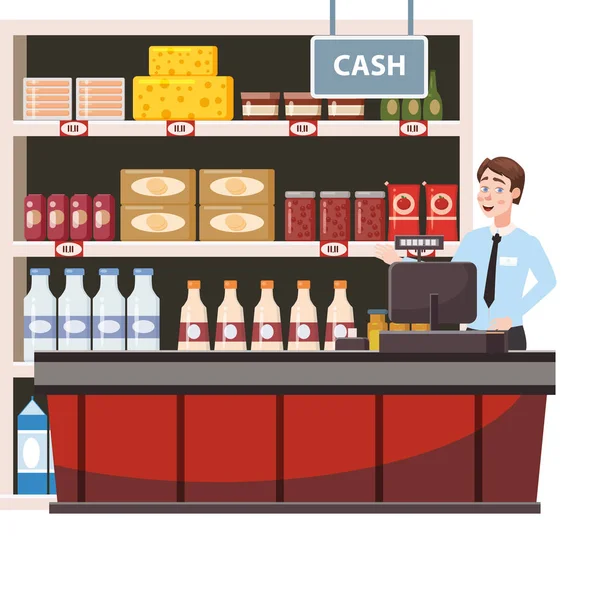 Kassier achter de kassa balie in het interieur supermarkt, winkel, winkel, schappen voedselproducten, goederen. Geïsoleerde vector, illustratie, cartoon stijl — Stockvector