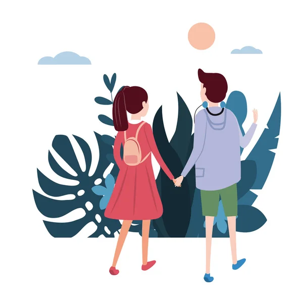 Young loving couple goes holding hands, on their business. Background flora flowers floral leaves. Trend design flat cartoons. Colorful vector illustration isolated — Stock Vector