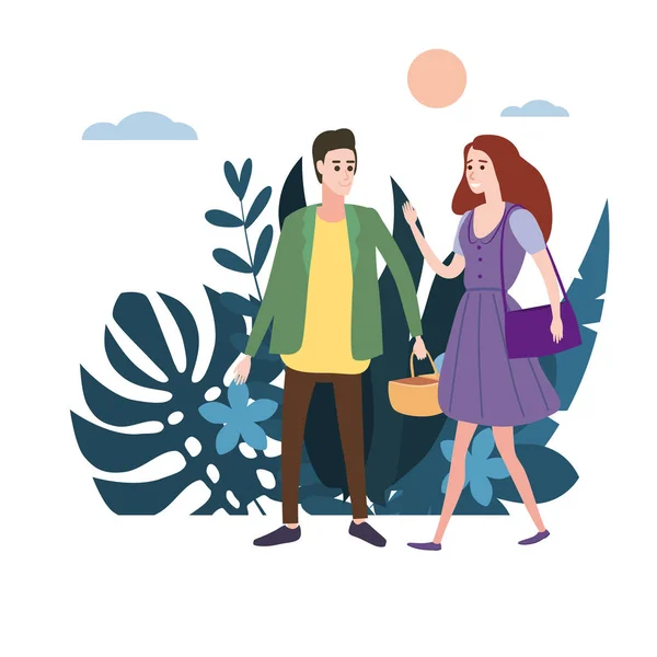 Young loving couple goes holding hands, on their business. Background flora flowers floral leaves. Trend design flat cartoons. Colorful vector illustration isolated — Stock Vector