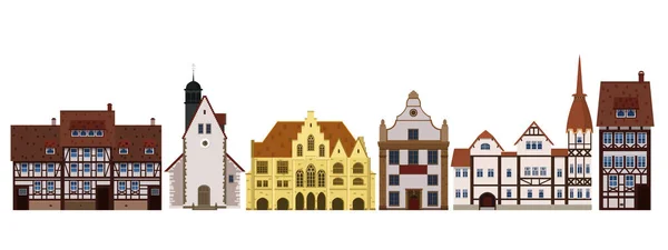 Zestaw starych budynków domy, fasady, Europa, średniowieczne tradycje. Różne style architektoniczne. Szablon, baner. Ilustracja wektorowa na białym tle — Wektor stockowy