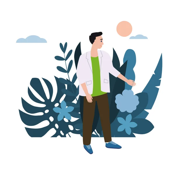 Young man, the guy in white jacket. Background flora flowers floral leaves. Trend design flat cartoons. Colorful vector illustration isolated — ストックベクタ