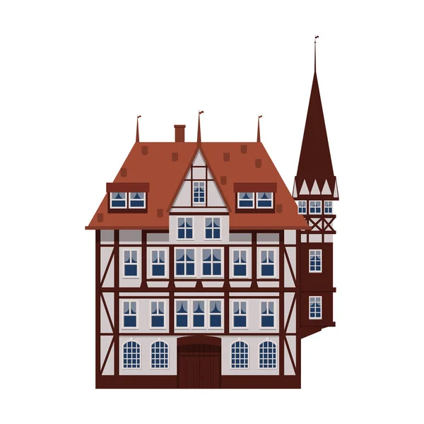 Stary dom, dom, budynek, fasada, Europa, średniowieczna tradycja. Europejskim stylu architektonicznym. Ilustracja wektorowa na białym tle — Wektor stockowy