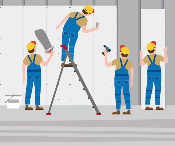 Pracovníci pokládají omítku na žebřík a instalují sádrokartonové panely do interiéru. Vektorová ilustrace, izolovaná. Stavební průmysl, opravy, nový domov, stavební interiér — Stockový vektor