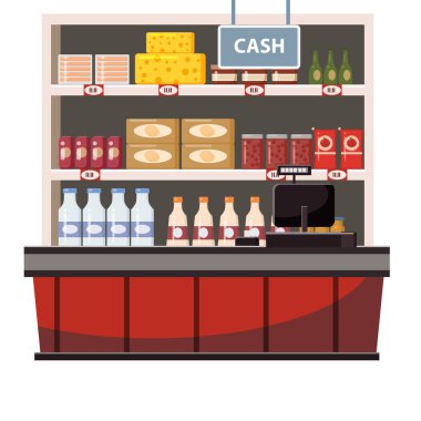 İç süpermarket, dükkan, mağaza, raflar gıda ürünleri, mal kasiyer sayacı. Vektör, illüstrasyon, karikatür tarzı, izole