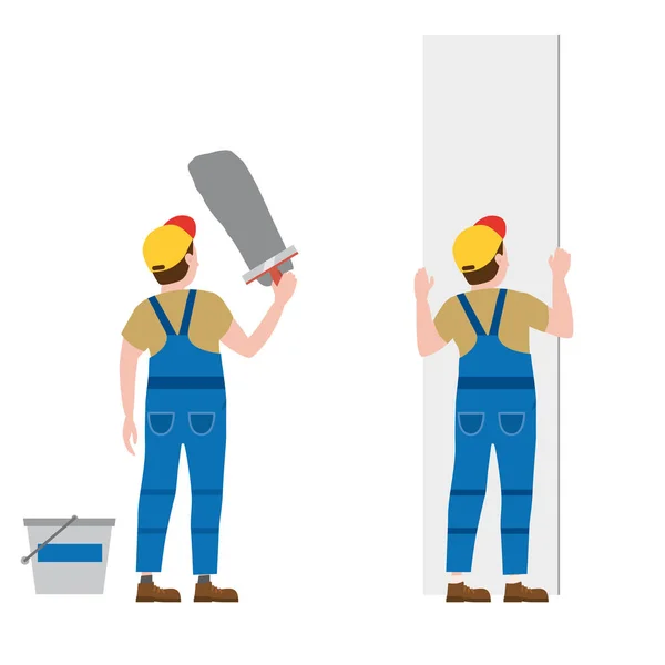 Workers put plaster, installing gypsum plasterboard panels. Vector illustration, isolated. Construction industry, repair, new home, building interior — 스톡 벡터