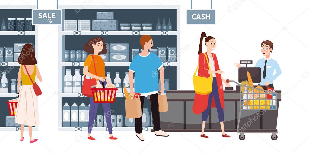 Supermarket or store interior with shelves and goods, groceries, cash desk and cashier. Men and women buyers, cart products. Big shopping center. Vector, illustration, isolated, cartoon style