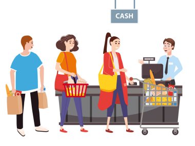 Süpermarkette kasiyer tezgahının arkasındaki kasiyer, mağaza, alışveriş yapan bir kadına, sepetli bir kadına ve bakkal sepetine bakkal ilerler. Vektör, illüstrasyon, karikatür tarzı, izole