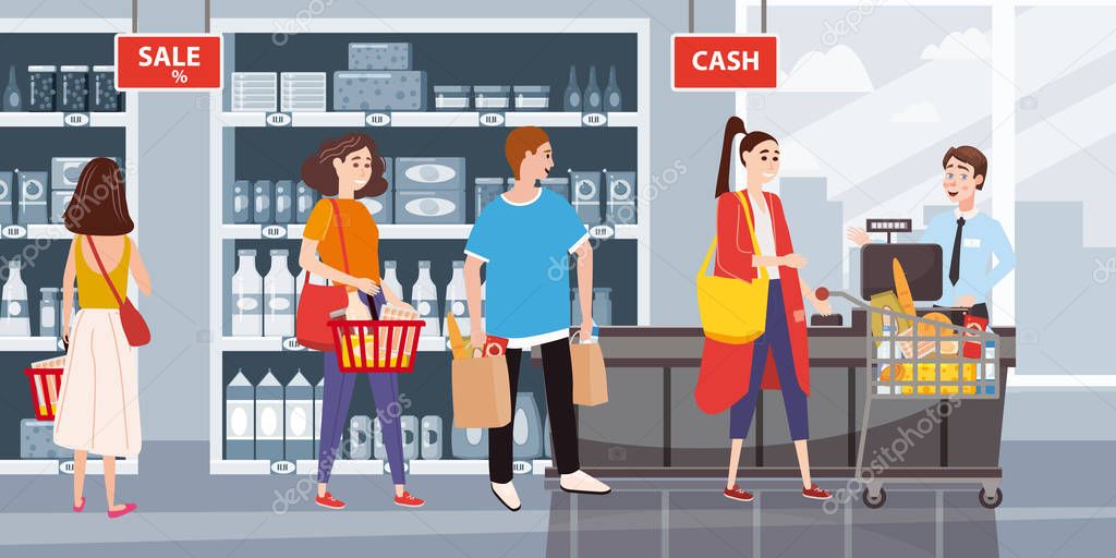 Supermarket or store interior with shelves and goods, groceries, cash desk and cashier. Men and women buyers, cart products. Big shopping center. Vector, illustration, isolated, cartoon style