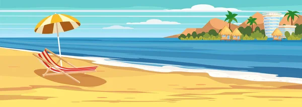 Verão paisagem marinha, praia, férias de verão, chaise guarda-chuva lounge no mar, palmas das mãos. Temporadas de férias no mar. Viagem de lazer fundo. Modelo banner anúncio vetor ilustração — Vetor de Stock