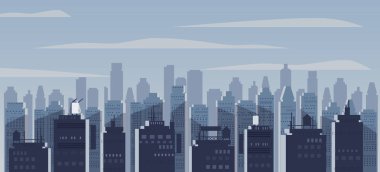 Gece şehri, gökdelenler, evlerin siluetleri, panorama, ufuk, ruh hali. Karanlık şehir manzarası. Vektör, illüstrasyon, izole