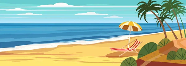 Paisaje marino de verano, playa, vacaciones de verano, sombrilla chaise lounge en el mar, palmeras. Vacaciones en el mar. Viajes de ocio fondo. Plantilla banner anuncio vector ilustración — Archivo Imágenes Vectoriales