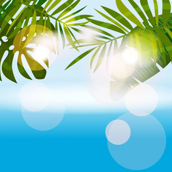 Zomer tropische achtergrond sjabloon met exotische Palm bladeren en planten, zee, Oceaan. Trend stijl ontwerp. Vector geïsoleerd, poster, flyer, uitnodiging, banner — Stockvector