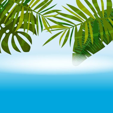 Egzotik palmiye yaprakları ve bitkiler, deniz, okyanus ile Yaz tropikal arka plan şablonu. Trend tarzı tasarımı. Vektör izole, poster, el ilanı, davetiye, afiş