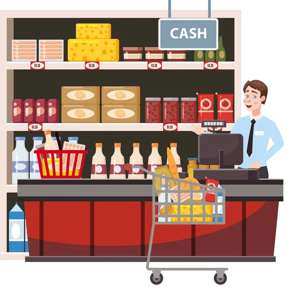 Kassier achter de kassa balie in het interieur supermarkt, winkel, winkel, planken voedselproducten, goederen. Kruidenier winkelwagen vol met boodschappen. Vector, illustratie, cartoon stijl, geïsoleerd — Stockvector