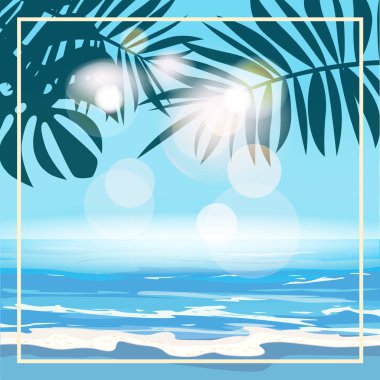 Egzotik palmiye yaprakları ve bitkiler, kıyı dalgaları sörf deniz, okyanus ile Yaz tropikal arka plan şablonu. Trend tarzı tasarımı. Vektör izole, poster, el ilanı, davetiye, afiş