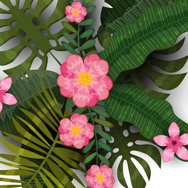 이국적인 식물과 히비스커스 꽃의 여름 열대 배경 템플릿입니다. 트렌드 패턴 정글. 벡터, 삽화, 고립된, 포스터, 배너, 전단지, 초대장 — 스톡 벡터