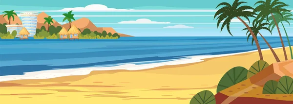 Paisaje marino de verano, playa, vacaciones de verano, palmeras. Vacaciones en el mar. Viajes de ocio fondo. Plantilla banner anuncio vector ilustración — Vector de stock