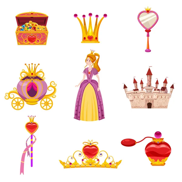 Zestaw Princess World elementy i atrybuty projektu. Zamek, lustro, przewóz, Magiczna różdżka, skrzynia skarbów, perfumy, Korona. Wektor, ilustracja, styl kreskówki, odosobniony — Wektor stockowy