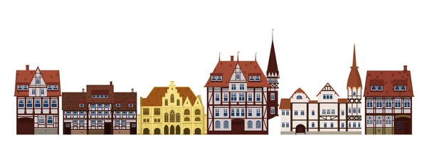 Conjunto de edificios antiguos casas, fachadas, Europa, tradiciones medievales. Diferentes estilos arquitectónicos. Plantilla, baner. Ilustración vectorial aislada sobre fondo blanco — Vector de stock