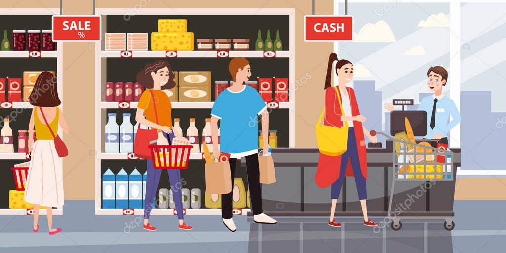 Supermarket or store interior with shelves and goods, groceries, cash desk and cashier. Men and women buyers, cart products. Big shopping center. Vector, illustration, isolated, cartoon style