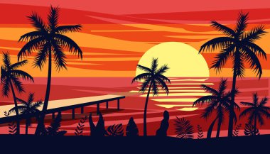 Yaz tatili sezonu. Tropikal egzotik plaj günbatımı okyanus denizi. Palmiye ağaçlarının siluetleri, iskele, güneş. Vektör, illüstrasyon, izole, poster, afiş, davetiye