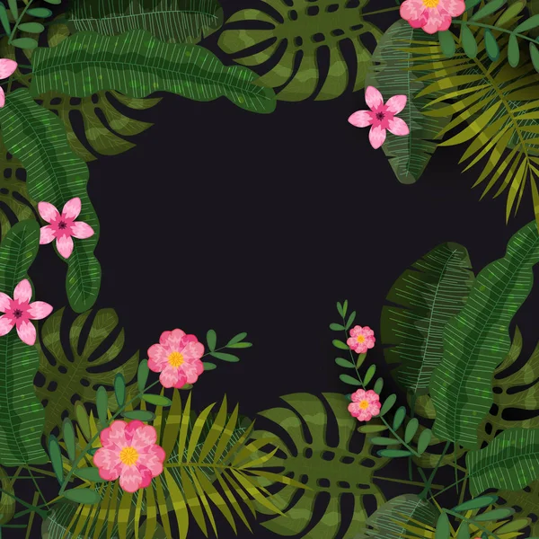 여름 이국적인 식물과 히비스커스 꽃 열대 배경 템플릿입니다. 트렌드 패턴 정글. 벡터, 삽화, 고립된, 포스터, 배너, 전단지, 초대장 — 스톡 벡터