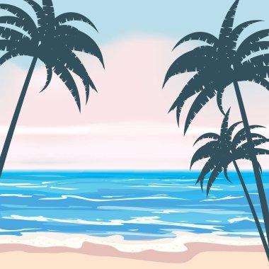 Egzotik palmiye yaprakları ve bitkiler, kıyı dalgaları sörf deniz, okyanus ile Yaz tropikal arka plan şablonu. Trend tarzı tasarımı. Vektör izole, poster, el ilanı, davetiye, afiş