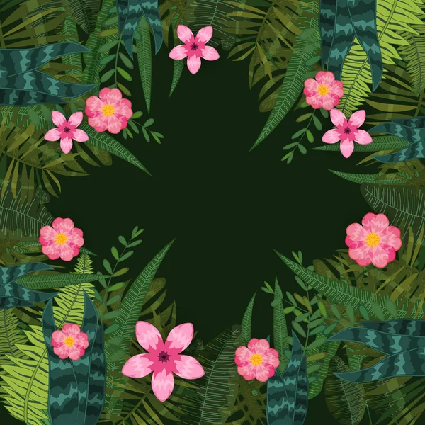 여름 유행 열대 잎과 꽃입니다. 디자인. 이국적인 식물과 히비스커스 꽃의 배경 템플릿입니다. 트렌드 패턴 정글. 벡터, 삽화, 고립된, 포스터, 배너, 전단지, 초대장 — 스톡 벡터