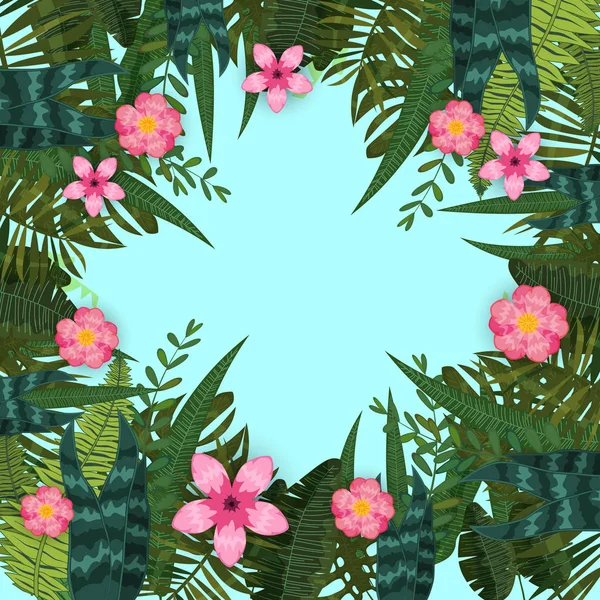 여름 유행 열대 잎과 꽃입니다. 디자인. 이국적인 식물과 히비스커스 꽃의 배경 템플릿입니다. 트렌드 패턴 정글. 벡터, 삽화, 고립된, 포스터, 배너, 전단지, 초대장 — 스톡 벡터