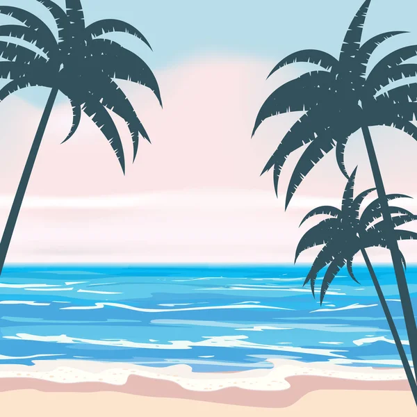 Letní tropické pozadí s exotickými palmami a rostlinami, pobřežní vlny surfování po moři, oceán. Návrh stylu trendu. Vektor izolovaný, plakát, leták, pozvánka, nápis — Stockový vektor