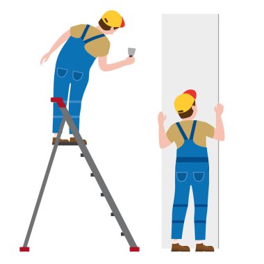 Workers put plaster on a stepladder, installing gypsum plasterboard panels. Vector illustration, isolated. Construction industry, repair, new home, building interior