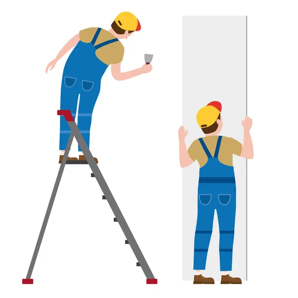 Los trabajadores ponen yeso en una escalera, instalando paneles de yeso de placas de yeso. Ilustración vectorial, aislada. Industria de la construcción, reparación, nuevo hogar, interior del edificio — Vector de stock