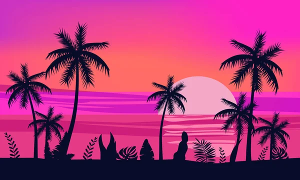 Sommerferienzeit. tropischen exotischen Strand Sonnenuntergang Ozean Meer. Silhouetten von Palmen, Steg, Sonne. Vektor, Illustration, isoliert, Plakat, Banner, Einladung — Stockvektor