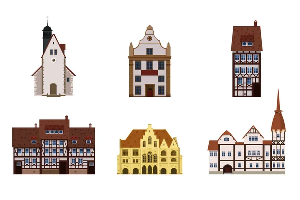 Conjunto de edificios antiguos casas, fachadas, Europa, tradiciones medievales. Diferentes estilos arquitectónicos. Ilustración vectorial aislada sobre fondo blanco — Vector de stock