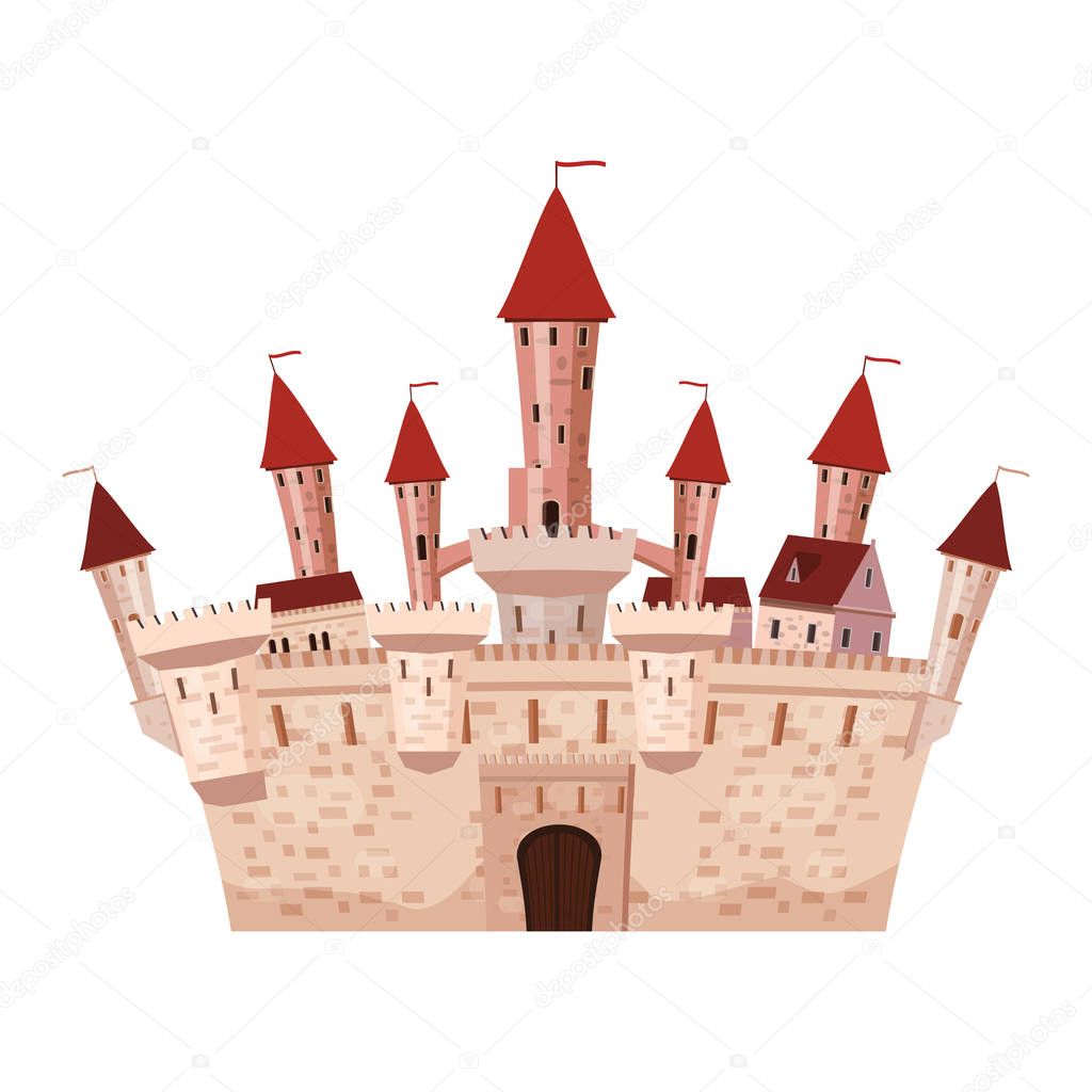 Princess Castle is a fairy tale architecture of the Middle Ages Europe, residence. Vector, illustration, cartoon style, isolated.
