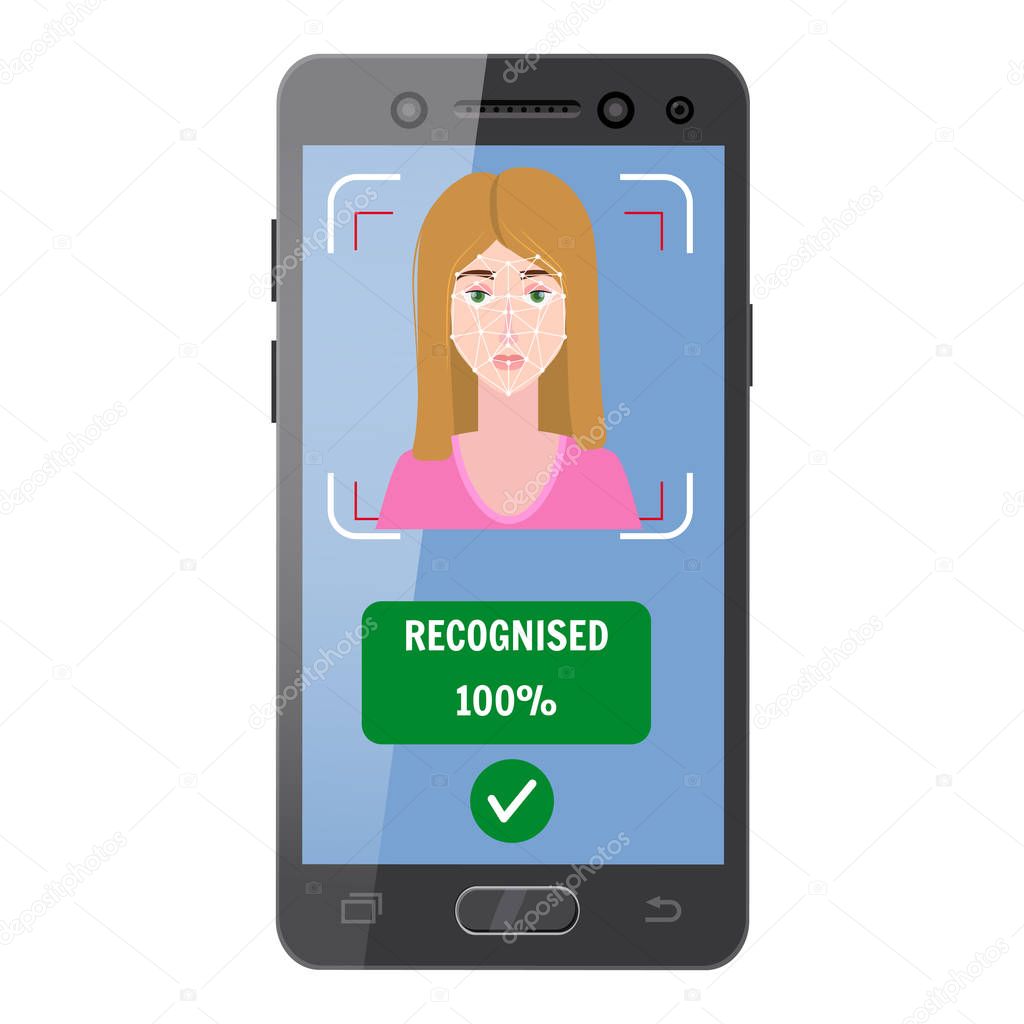 Face recognition. Identification of a biometric person, personality through the intellectual recognition system of a human face, woman. The smartphone it scans a person s face, forming a polygonal