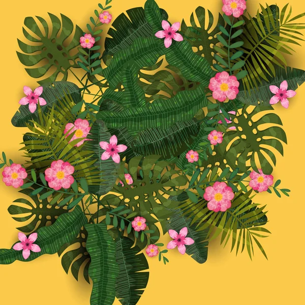 Летние экзотические растения и цветы гибискуса тропический фоновый шаблон. Модные джунгли. Вектор, иллюстрация, изоляция, плакат, баннер, листовка, приглашение — стоковый вектор