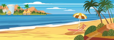 Yaz deniz manzarası, plaj, yaz tatili, denizde şezlong şemsiyesi, avuç içi. Denizde tatil sezonu tatili. Seyahat eğlence arka plan. Şablon banner reklam vektör übdeki çizim