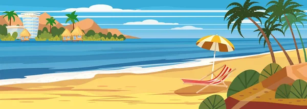 Paisaje marino de verano, playa, vacaciones de verano, sombrilla chaise lounge en el mar, palmeras. Vacaciones en el mar. Viajes de ocio fondo. Plantilla banner anuncio vector ilustración — Archivo Imágenes Vectoriales