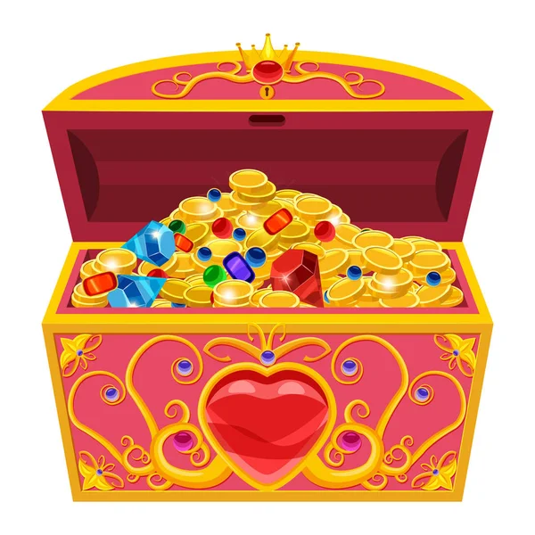 Prinses schatkist, versierd met diamanten en goud. Juwelen, munten, edelstenen. Vector, illustratie, cartoon stijl, geïsoleerd — Stockvector