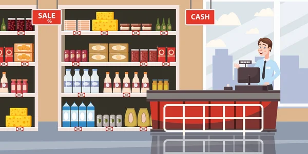 Supermercado o tienda interior con estantes y productos, comestibles, caja fuerte y cajero. Un gran centro comercial. Vector, ilustración, aislado, estilo de dibujos animados — Vector de stock