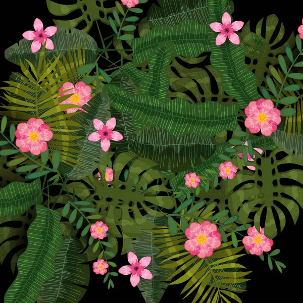 여름 이국적인 식물과 히비스커스 꽃 열대 배경 템플릿입니다. 트렌드 패턴 정글. 벡터, 삽화, 고립된, 포스터, 배너, 전단지, 초대장 — 스톡 벡터