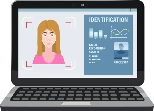 Face recognition. Identification of a biometric person, personality through the intellectual recognition system of a human face, woman. A laptop, a computer scans the face of a person, forming a